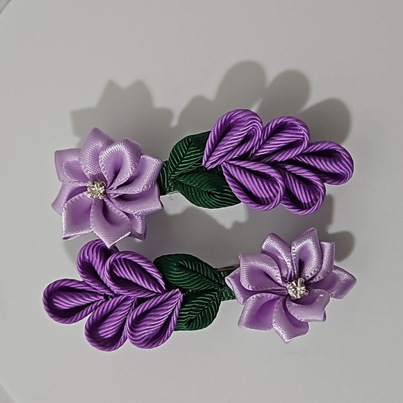 Hand Crafted Purple Barrette Hair Clip Floral Ribbon flowers purple 2- Piece set - Picture 5 of 16